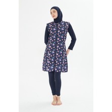5 Parça Tam Kapalı Tesettür Mayo – Desenli Fermuarlı Jileli Üst Takım Lacivert-M