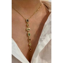 Renkli Taşlı 7 Element Tasarım Y Kolye Kararmaz Paslanmaz Çelik