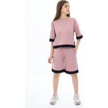 Kız Çocuk %100 Pamuk Oversize Yarım Kol Şortlu Alt-Üst Eşofman TAKIM-AÜT-2009