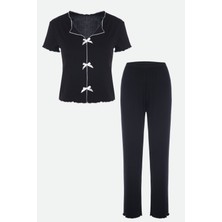 Kadın Kısa Kollu Fiyonklu Fitilli Pijama Takımı