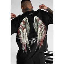 Erkek Freedom Kanat Baskılı Siyah Oversize Salaş T-Shirt