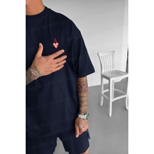 Erkek Lacivert Kupa As Kuru Kafa Oversize Fit Bol Geniş Kalıp Salaş Kesim T-Shirt