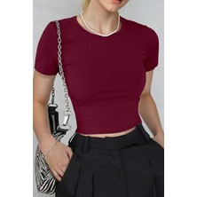 Kadın Bordo  Bisiklet Yaka Likralı Kısa Kol Body Crop Bluz