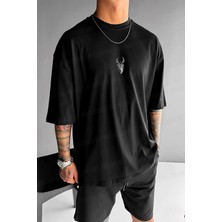 Millionaire Erkek Oversize Fit Siyah Geyik Baskılı T-Shirt Truvakar Kol Günlük Stil İnce Kumaş