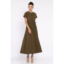 Kadın Çift Cepli Bel Lastikli Kuşaklı Elbise P-00017793