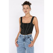 Kadın Kare Yaka Mevsimlik Crop Triko Bluz P-00002888