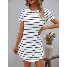 Arben Boutique Kadın Düğme Detaylı Bisiklet Yaka Çizgili Kaşkorse Elbise