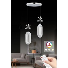 LED Alfa 2'li Gümüş Kumandalı 3 Renk Ledli Kristal Taşlı Modern LED Avize