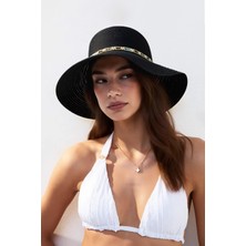 Kadın Boho Işlemeli Hasır Şapka - Siyah