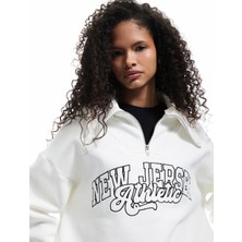 Koton Şardonlu Uzun Kollu Yarım Fermuarlı Yaka Nakışlı Oversize Sweatshirt