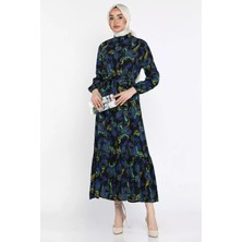 Etnik Desen Bel Kuşaklı Tesettür Viskon Elbise P-00015319