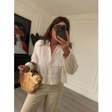 Fisto Detaylı %100 Pamuklu Beyaz Bluz