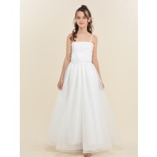 Kız Çocuk Boncuk Işlemeli Çiçek Detaylı Uzun Tasarım Abiye Elbise