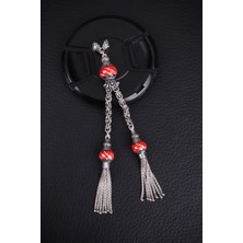 Encili Silver 925 Ayar Gümüş Özel Tasarım Üç Top Model Çift Sallantılı Kırmızı Mineli Tesbih Püskülü