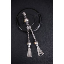 Encili Silver 925 Ayar Gümüş Özel Tasarım Üç Top Model Çift Sallantılı Sarı Ay Yıldız Mineli Tesbih Püskülü