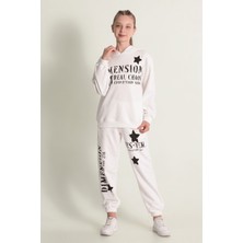 Yıldız Desenli Kapüşonlu Beli ve Paçası Lastikli Alt-Üst Kız Çocuk Eşofman Takım