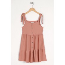 Zepkids Kız Çocuk Gül Kurusu Renkli Askılı Ön Düğme Detaylı Elbise