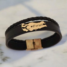 Archin Fırat İsmine Özel Siyah Derili Türkiye Haritalı 14 Ayar Altın Plakalı Hediye Bileklik-449İsim