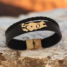 Archin Ö Harfine Özel Siyah Derili Türkiye Haritalı 14 Ayar Altın Plakalı Hediye Bileklik-449Harf