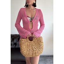Ajurlu Göğüs Dekolteli Elbise- Pembe