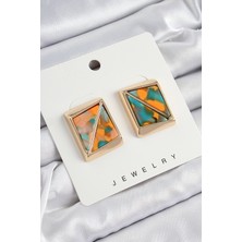 Pirinç  Turuncu Yeşil Üçgen Kesim Detaylı Kare Model Vintage Gold Renk Kadın Küpe