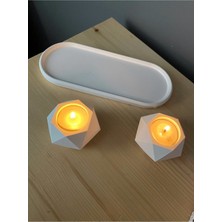 Geometrik Tealight Beton Mumluk, Oval Tabaklı Dekoratif Hediyelik Set Ham Beyaz