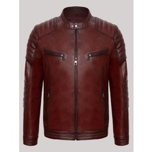 Deri Work Hakiki Deri Kahverengi Erkek Deri Mont Düz Çizgi Işlemeli Dört Cepli Fermuarlı Deri Ceket