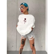 Modavera Unisex Bisiklet Yaka Baskılı Oversize T-Shirt - Beyaz