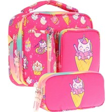 Kaukko Kids Kız Çocuk Kırmızı Dondurma Desenli Üç Bölmeli Thermo Beslenme Çantası ve Kalemlik Seti (L7227+L8227)