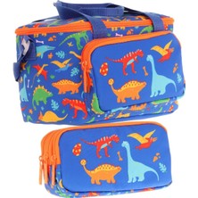 Kaukko (L7278+L8278) Beslenme Çantası (Isı Yalıtımlı) ve Kalem Çantası (Üç Bölme) Seti - Erkek Çocuk - Lacivert Yeşil Dinazor Desenli