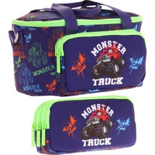 Kaukko (L7279+L8279) Beslenme Çantası (Isı Yalıtımlı) ve Kalem Çantası (Üç Bölme) Seti - Erkek Çocuk - Yeşil Lacivert Monster Truck