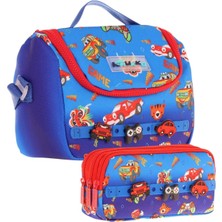 Kaukko Kids Isı Yalıtımlı Beslenme Çantası ve Üç Gözlü Kalemlik Seti - Erkek Çocuk, Mavi Kırmızı (Silikon Aksesuarlı)