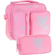 Kaukko Kids Kız Çocuk Pembe Bulut Desenli Üç Bölmeli Thermo Beslenme Çantası ve Kalemlik Seti (L7218+L8218)