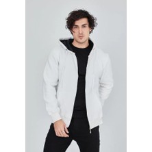 Modavera Erkek Kapüşonlu Düz Fermuarlı Hırka - Beyaz