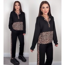 Modavera Kadın Uzun Kollu Leopar Detay Sweat ve Yanı Leopar Şerit Detay Pantolon Ikili Takım