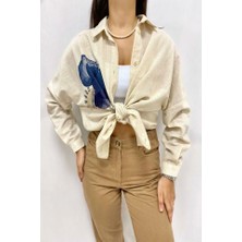 Modavera Bej Taş Işlemeli Keten Gömlek