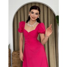 Modavera Kare Yaka Düğmeli Elbise