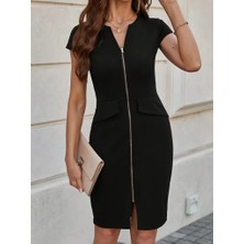 Modavera Kadın Kısa Kollu V Yakalı Önden Fermuarlı Kısa Ithal Krep Elbise