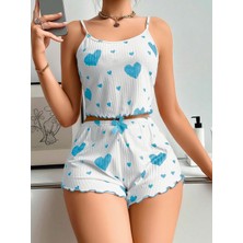 Kanonik Education KadınBeyaz Mavi Kalp Desenli Askılı Şortlu Pijama Takım 6657