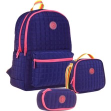 Kaukko Quilted Lacivert Pembe Kapitone Üçlü Okul Çantası Seti - Kız Çocuk