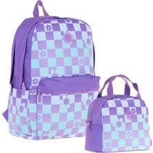 Kaukko Nature Mor Mavi Papatya ve Kare Desenli Okul Çantası ve Isı Yalıtımlı Beslenme Seti - Kız Çocuk