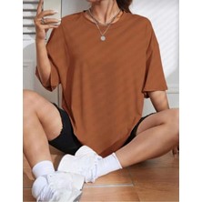 Oversize T-Shirt Time Baskılı Kahverengi Renk