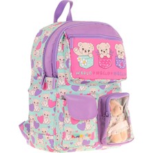 Kaukko Kız Çocuk Peluş Ayıcıklı Ilkokul Okul Sırt Çantası - Yeşil Mor - L5239