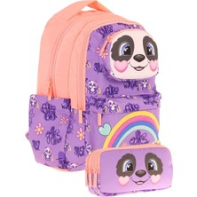 Kaukko Kids Toys Kız Çocuk Mor Somon 3D Panda Şekilli Ilkokul Çantası ve Kalemlik Seti (L5233+L8233)