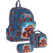 Kaukko Kids Erkek Çocuk Arazi Aracı Baskılı Üçlü Okul Çanta Seti(Okul Çantası+Beslenme Çantası+Kalemlik)