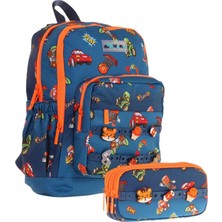 Kaukko Kids Erkek Çocuk Lacivert Turuncu Okul Çantası ve Üç Bölmeli Kalemlik Seti - Silikon Aksesuarlı