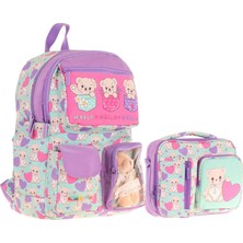 Kaukko Peluş Ayıcıklı Yeşil Mor Kız Çocuklar Için Okul Çantası ve Beslenme Çantası Seti (L5239+L7239)
