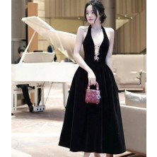 Modavera Kadın Derin V Yaka Kurdele Detaylı Ithal Double Kumaş Elbise