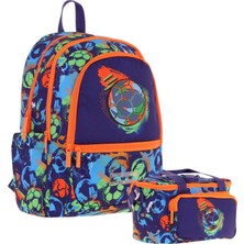 Kaukko Kids Erkek Çocuk Okul Çantası ve Isı Yalıtımlı Beslenme Çantası Seti (L5269+L7269) Futbol Topu Baskılı - Lacivert Turuncu