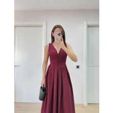 Modavera V Yaka Uzun Kolsuz Elbise- Bordo